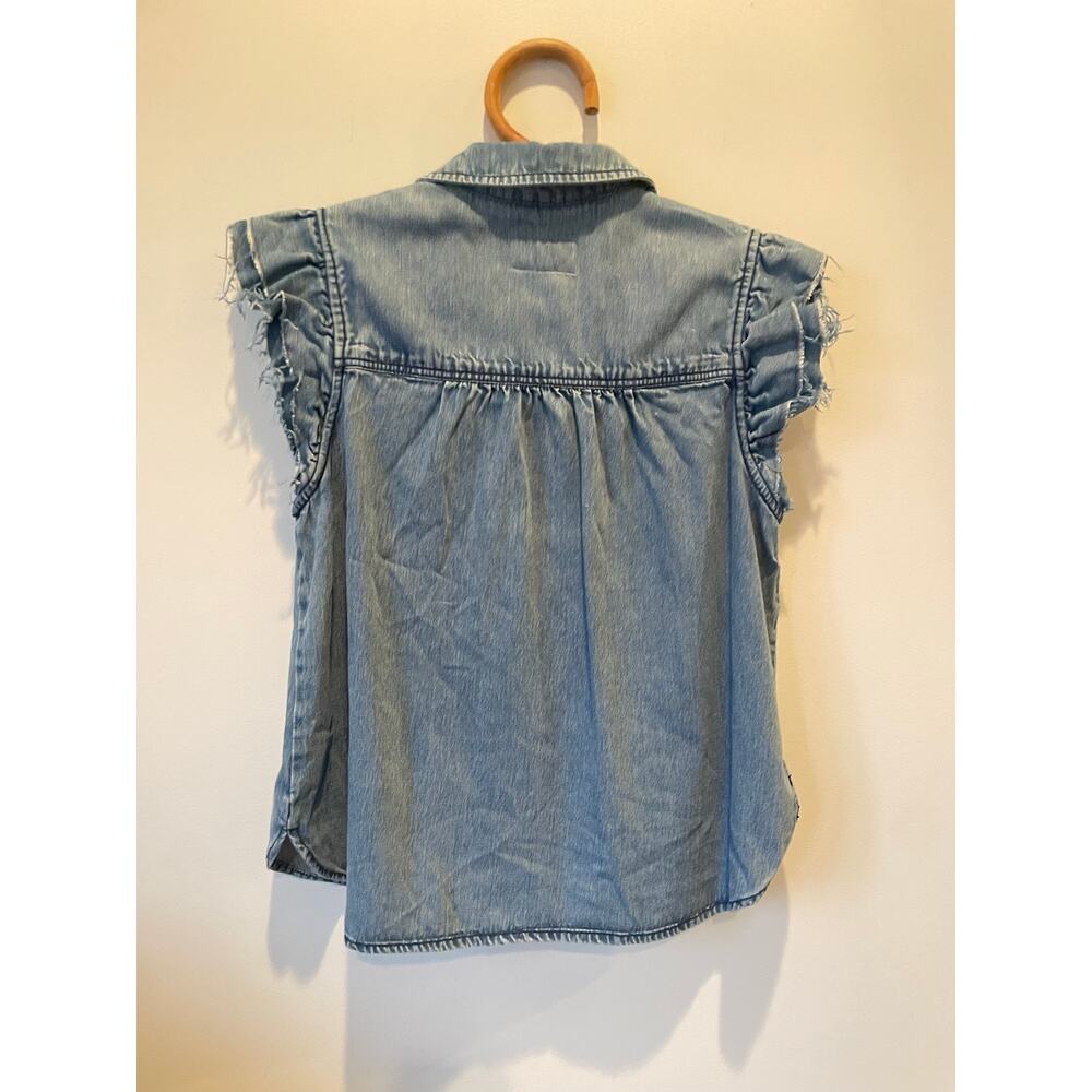 Pilcro Anthropologie Ruffle Buttondown Denim Raw Hem Ruffle Top Blouse S P $108 - Picture 8 of 8